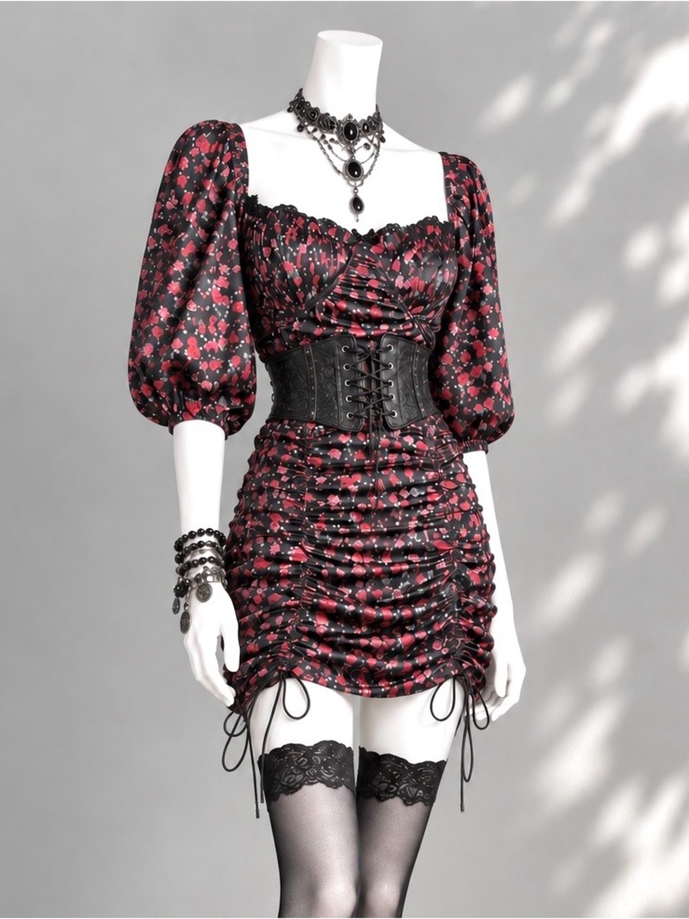 For Love & Lemons Coquette Mini Dress Melrose Black Red Floral Glam Pinup Mini